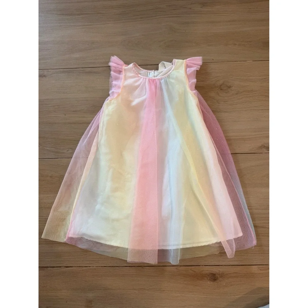 H&M Girls Pastel Rainbow Tulle Glitter Dress Pink Yellow Blue Size 6